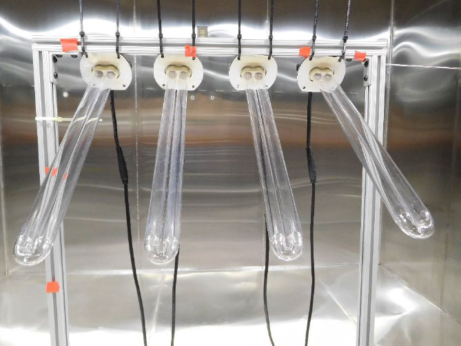 MUV7-200QR UV lamps mounted in the stainless-steel chamber during ozone testing