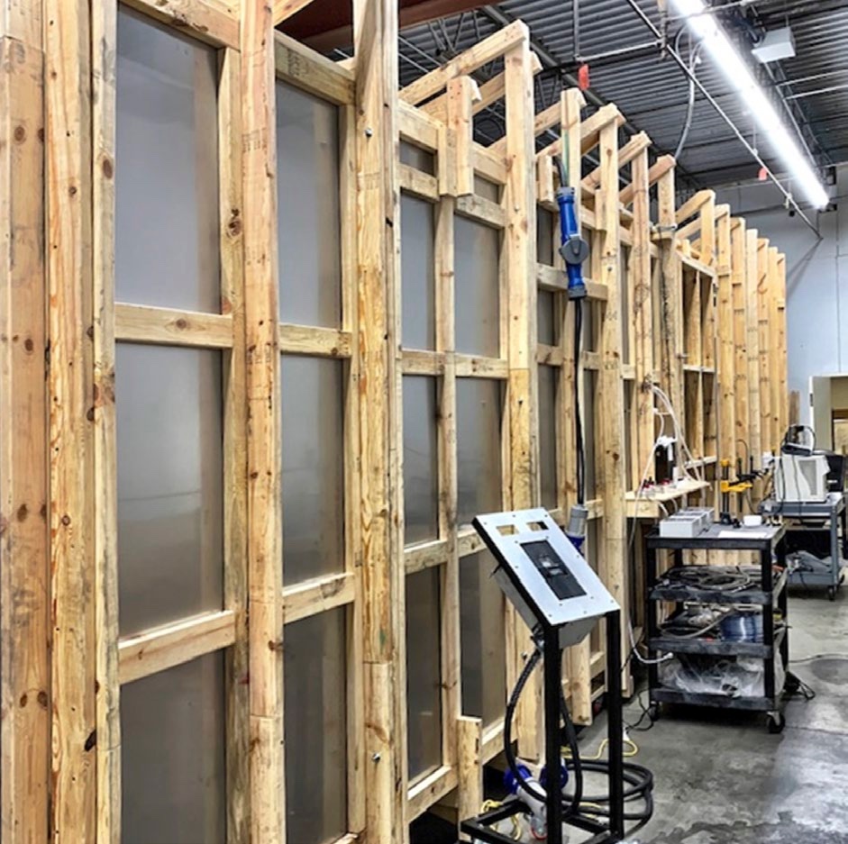 The wood-framed sealed test room built for the recirculating test
